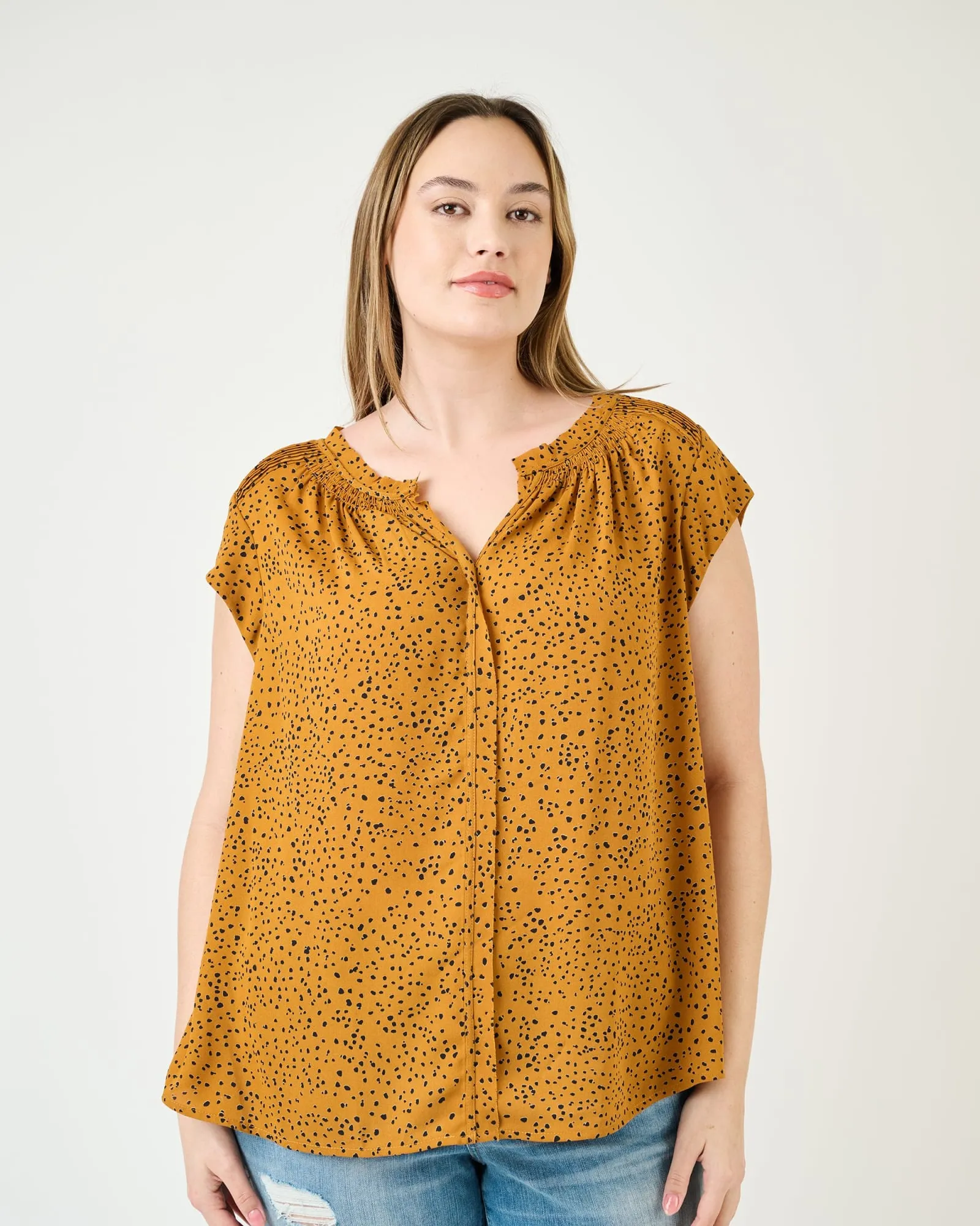 Hazel Smocked Top with Split V-Neck | M974 GOLD