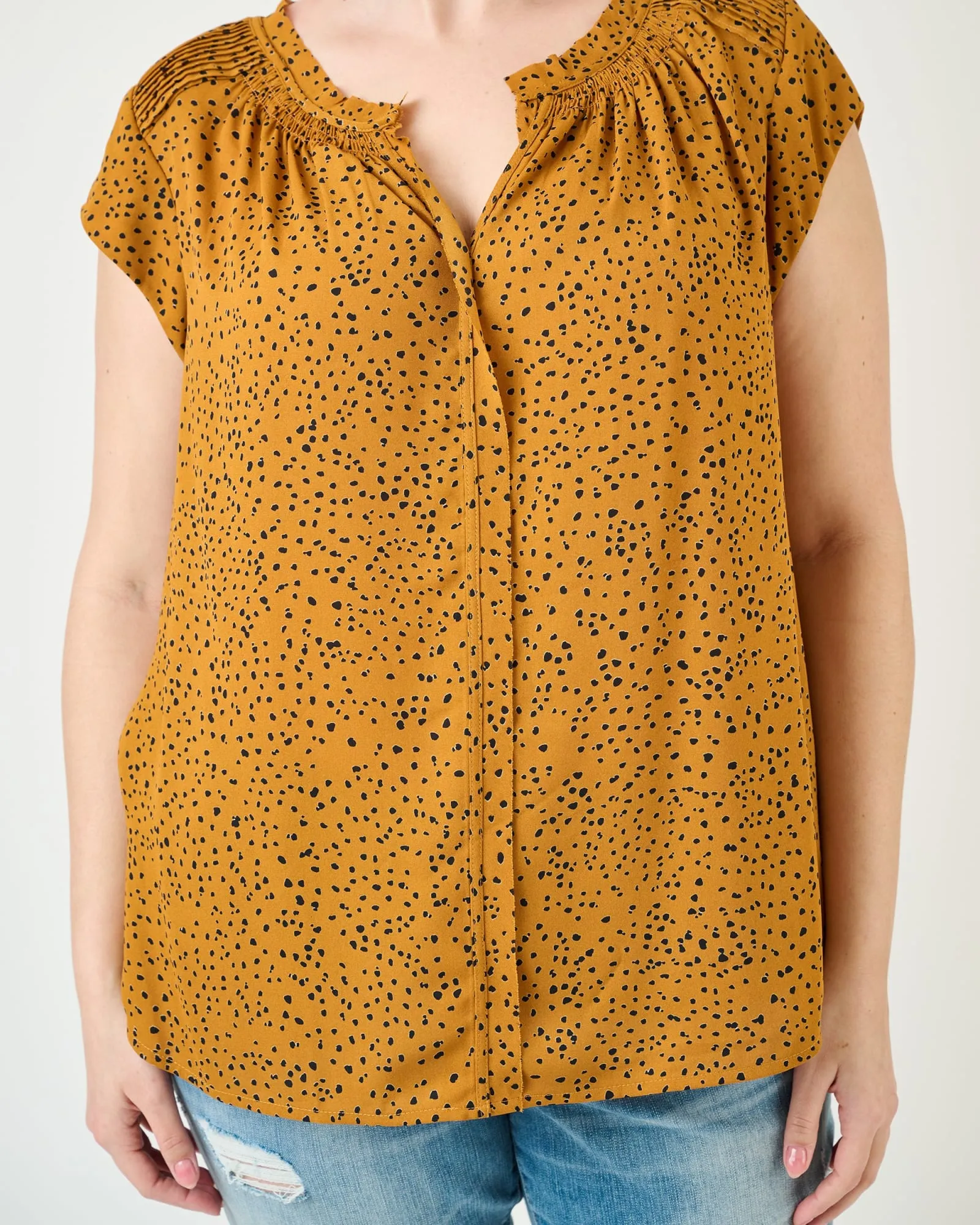 Hazel Smocked Top with Split V-Neck | M974 GOLD