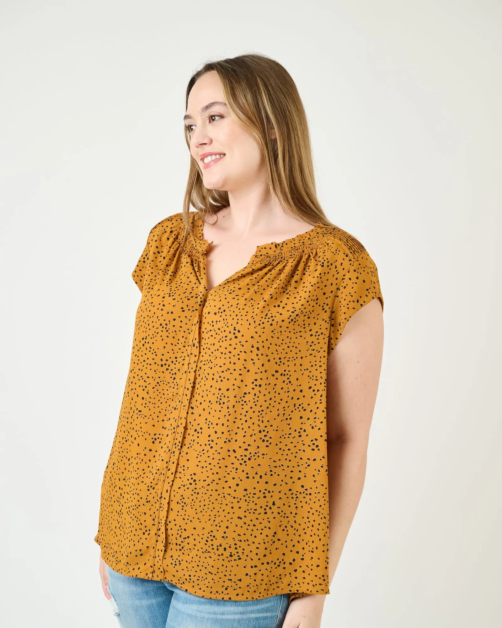 Hazel Smocked Top with Split V-Neck | M974 GOLD