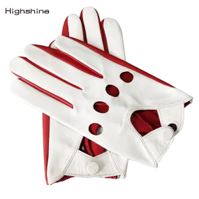 Highshine Men's Luxury Genuine Goatskin Leather Driving Gloves Thin Unlined for a tighter fit and extra flexibility Red/White