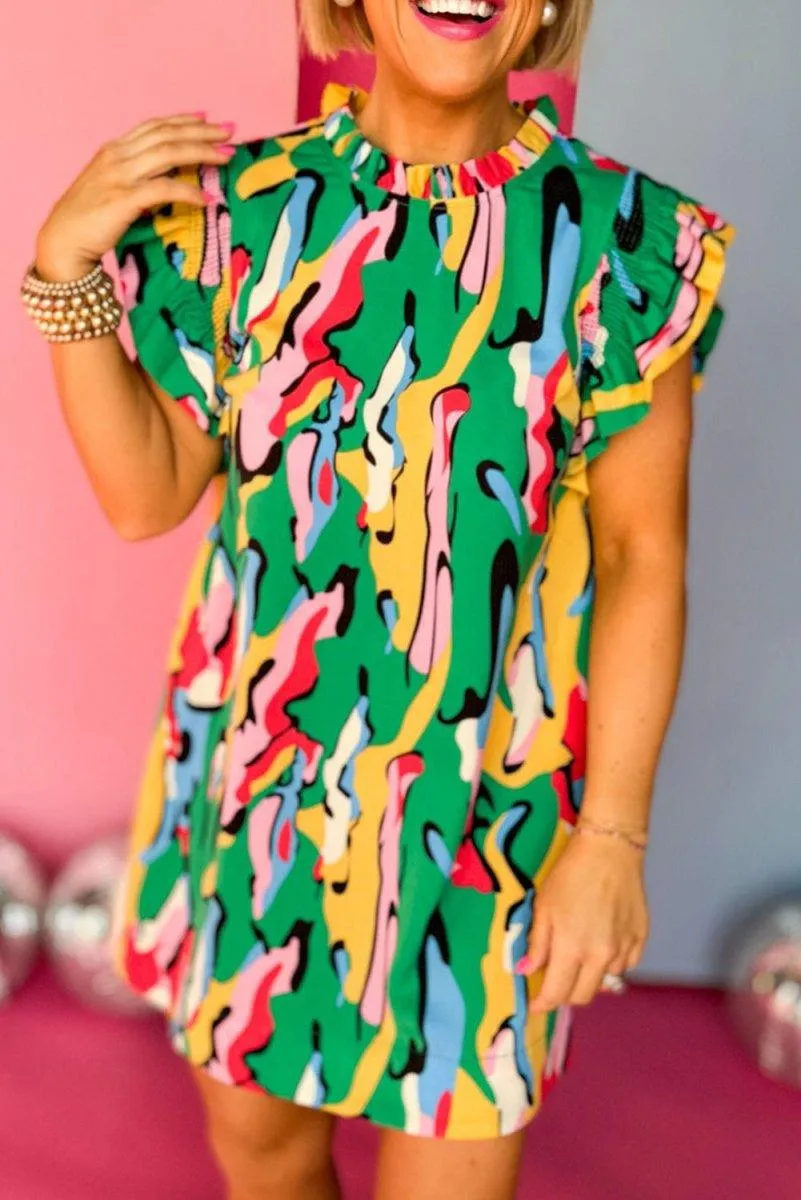 Jordan Green Multicolor Abstract Ruffled Mini Dress