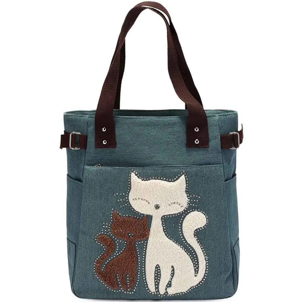 KAUKKO Cute Cat Totes Women Canvas Handbags ( Green)