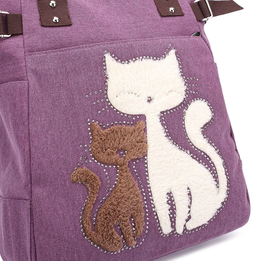 KAUKKO Cute Cat Totes Women Canvas Handbags ( Purple )