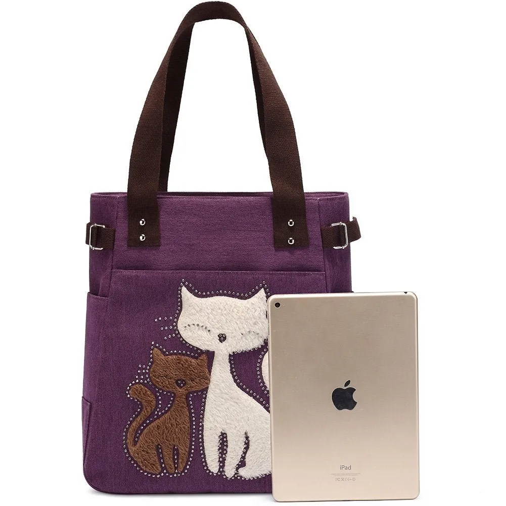 KAUKKO Cute Cat Totes Women Canvas Handbags ( Purple )