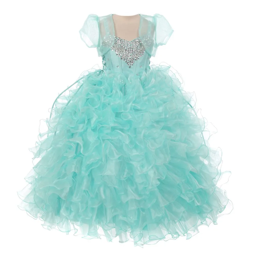 Little Girls Aqua Heart Shape Beaded Organza Jacket Pageant Dress 4-6