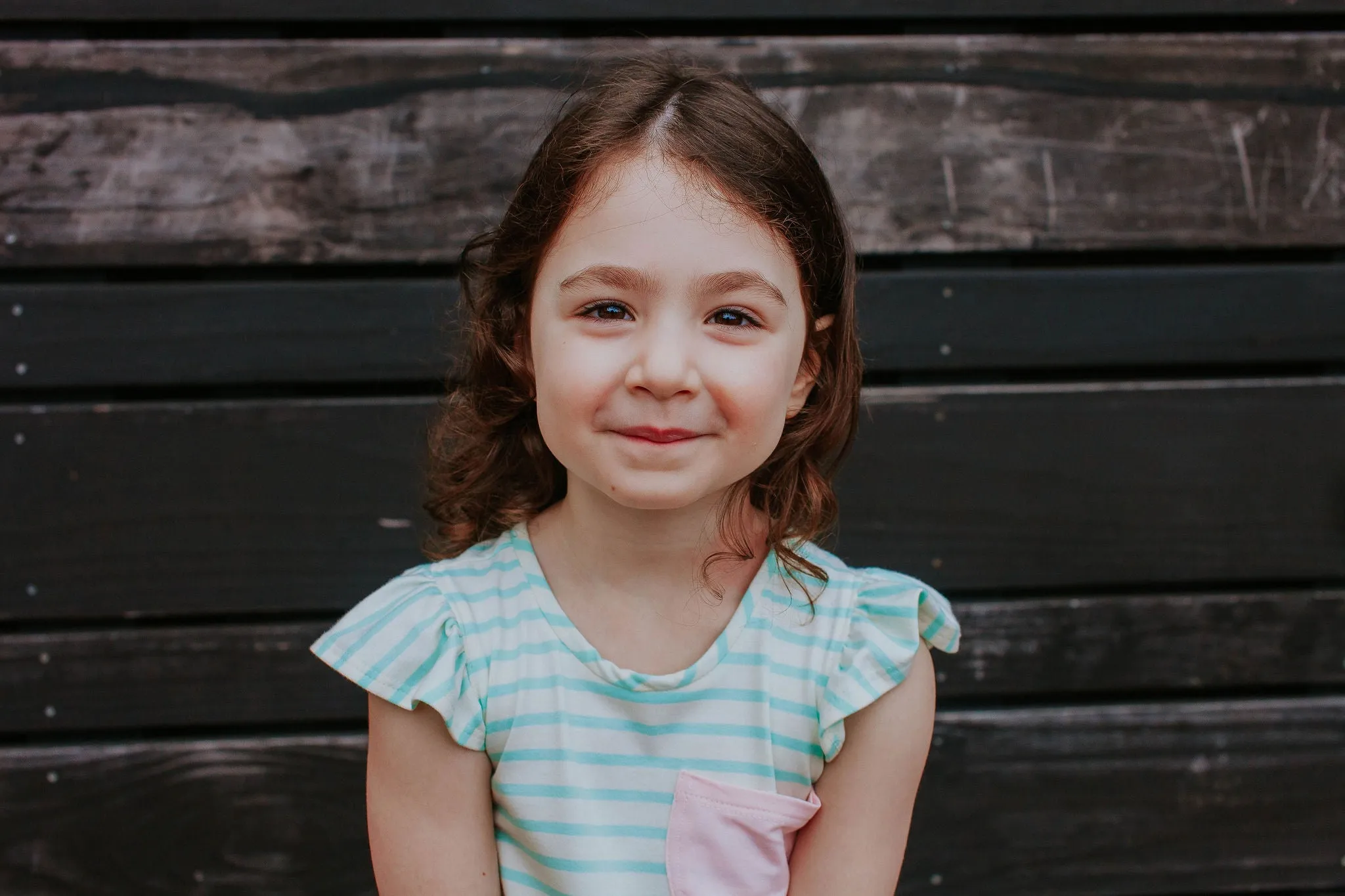 Little Girl's Pastel Mint Stripe Jersey Dress with Pink Cotton Pockets