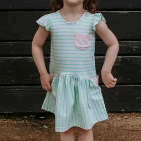 Little Girl's Pastel Mint Stripe Jersey Dress with Pink Cotton Pockets