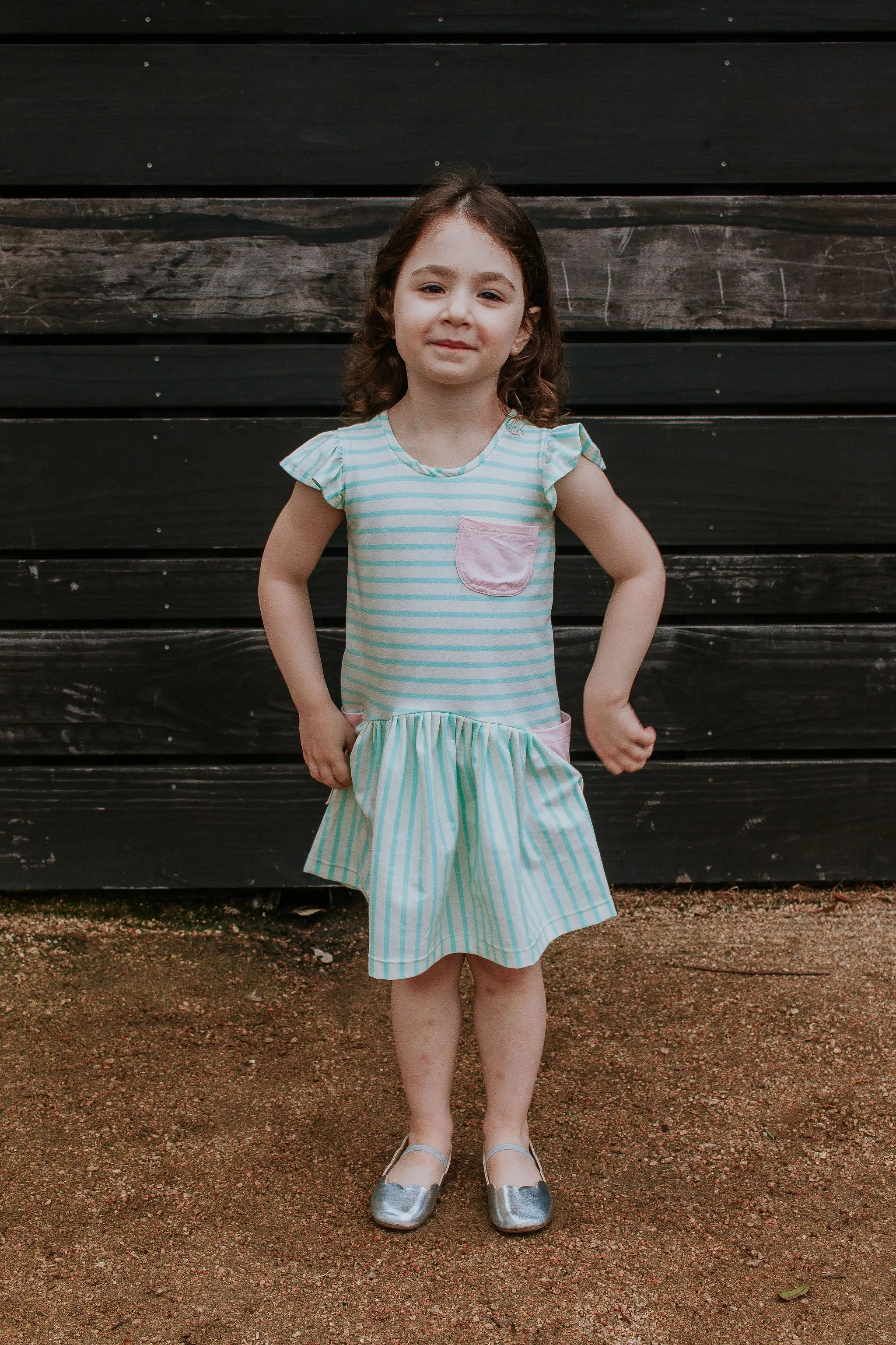 Little Girl's Pastel Mint Stripe Jersey Dress with Pink Cotton Pockets