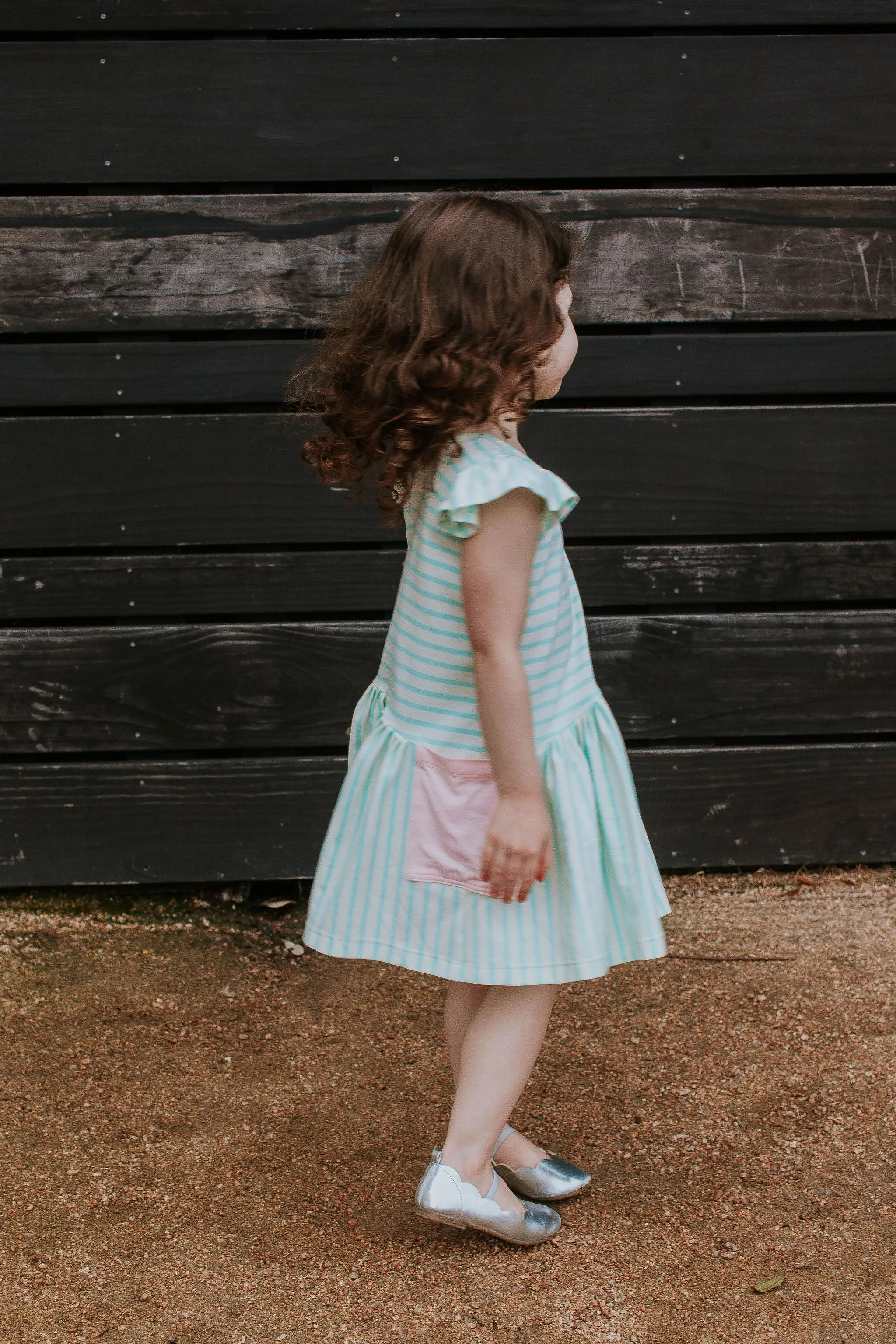 Little Girl's Pastel Mint Stripe Jersey Dress with Pink Cotton Pockets