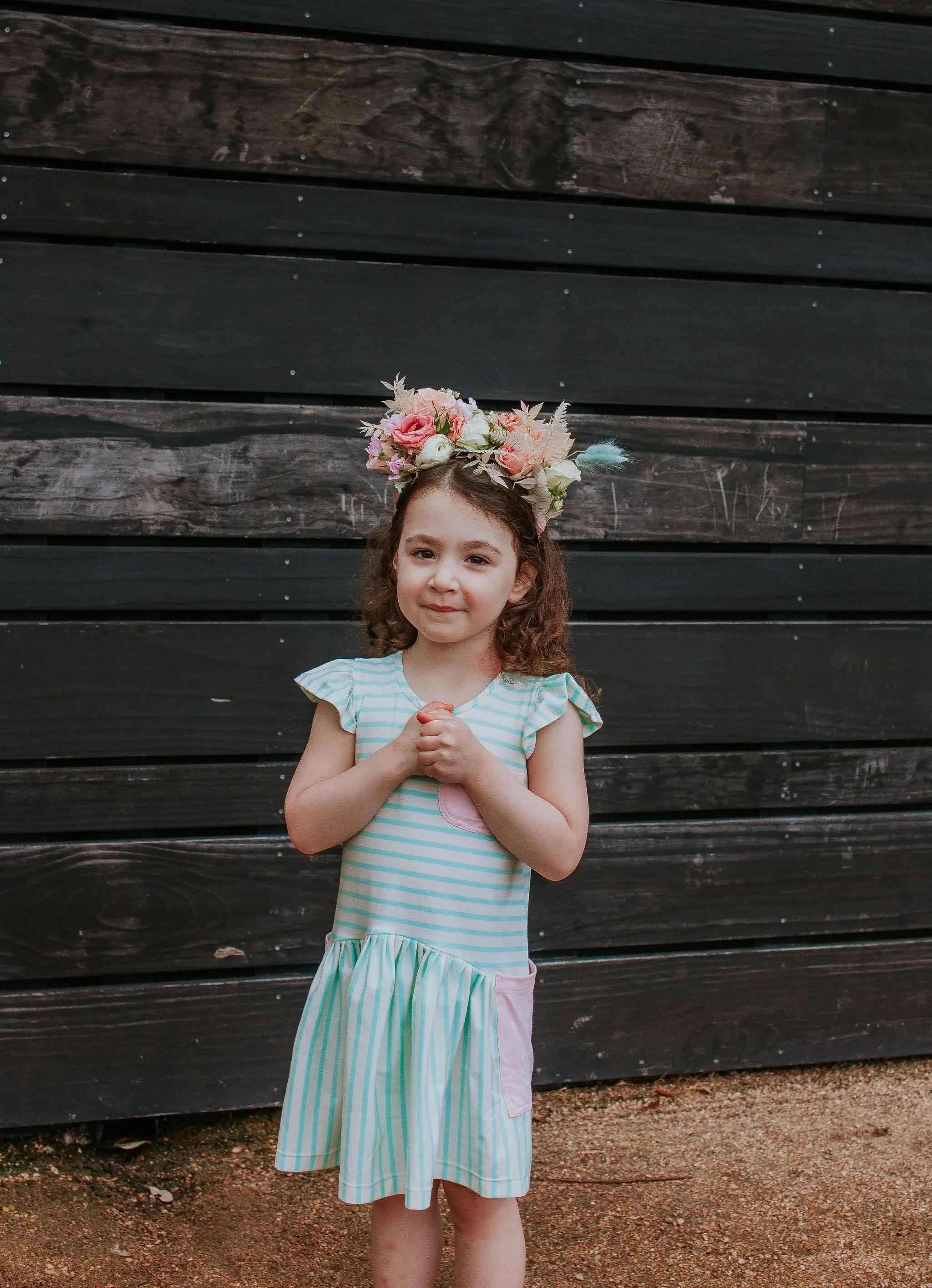 Little Girl's Pastel Mint Stripe Jersey Dress with Pink Cotton Pockets