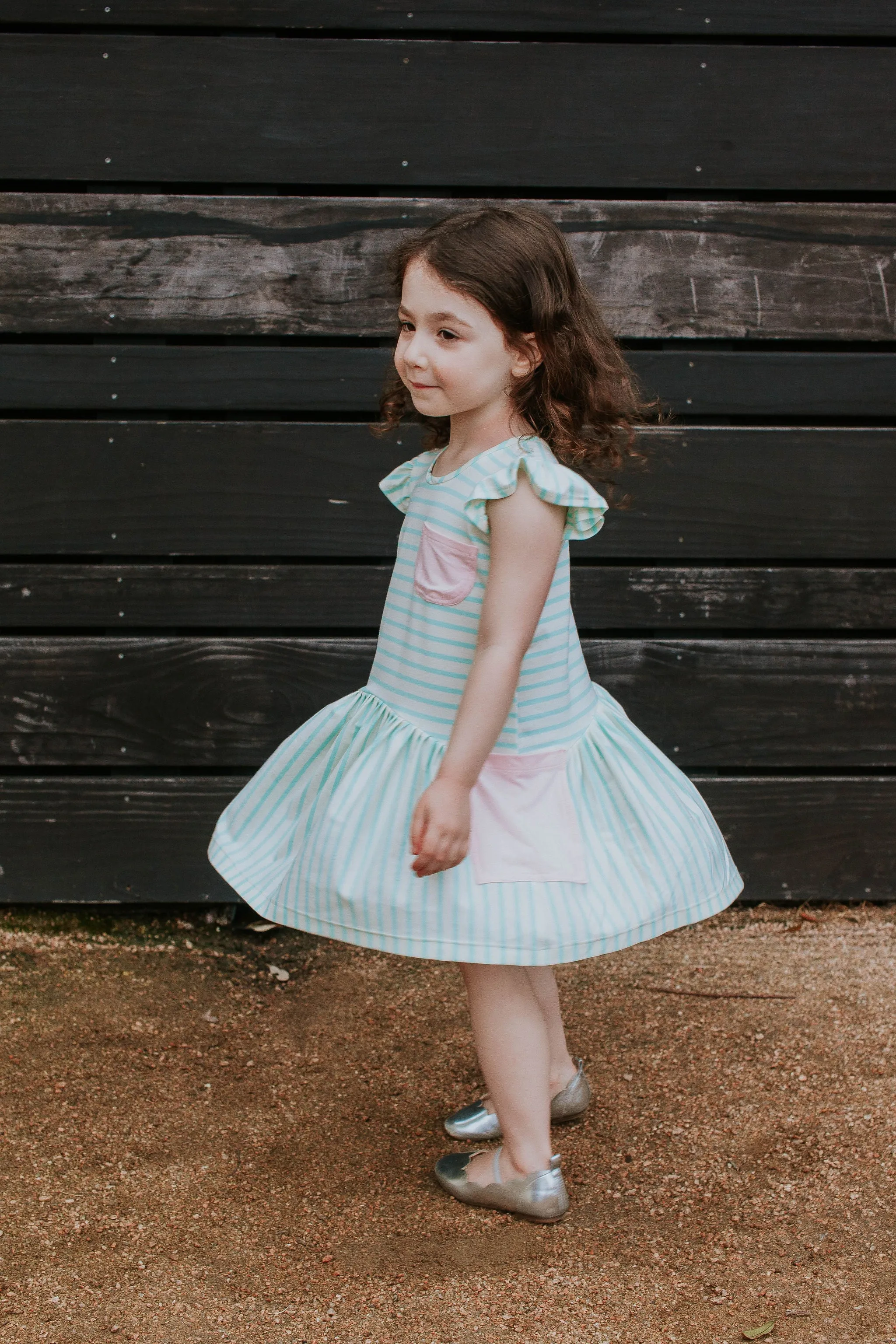 Little Girl's Pastel Mint Stripe Jersey Dress with Pink Cotton Pockets