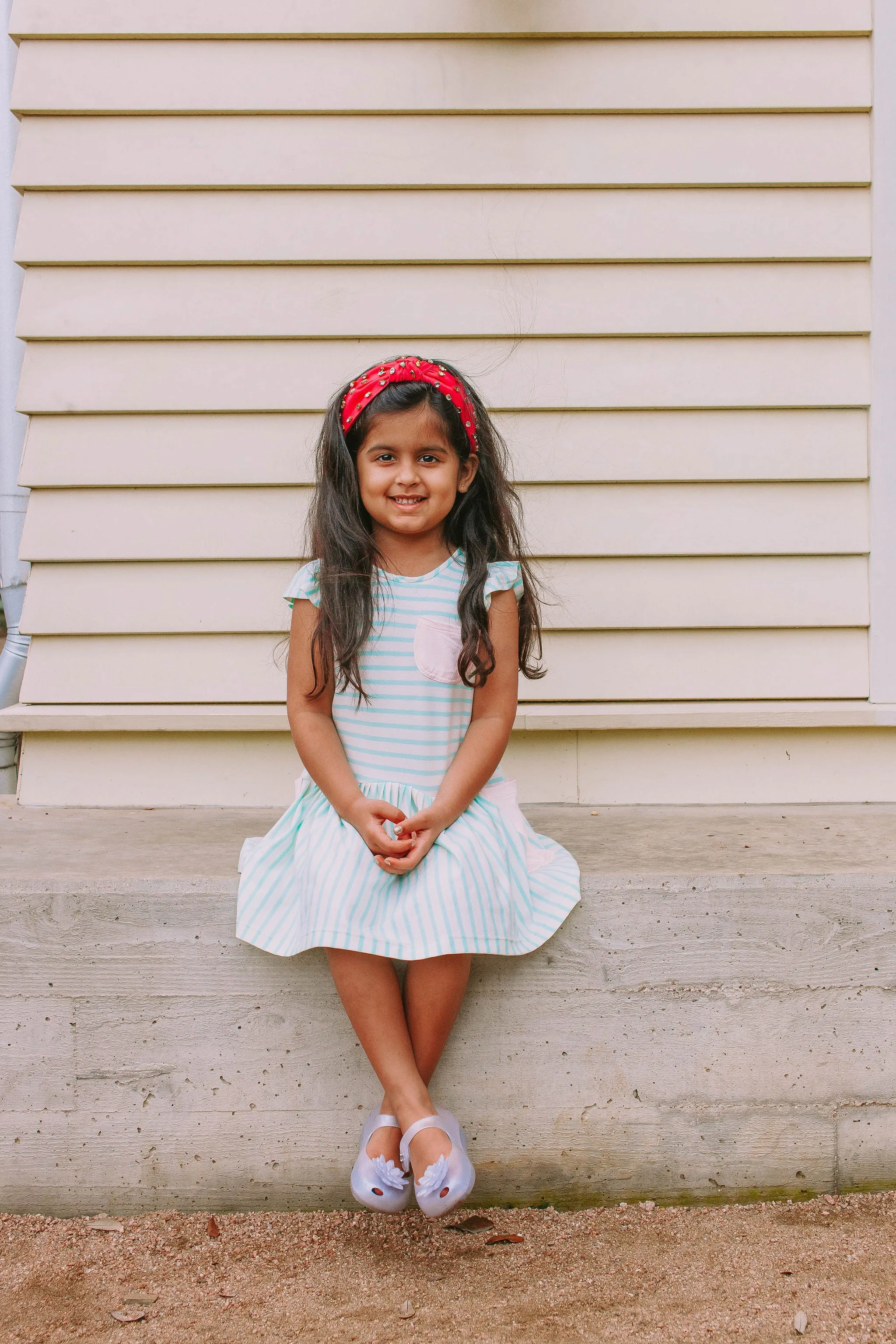 Little Girl's Pastel Mint Stripe Jersey Dress with Pink Cotton Pockets