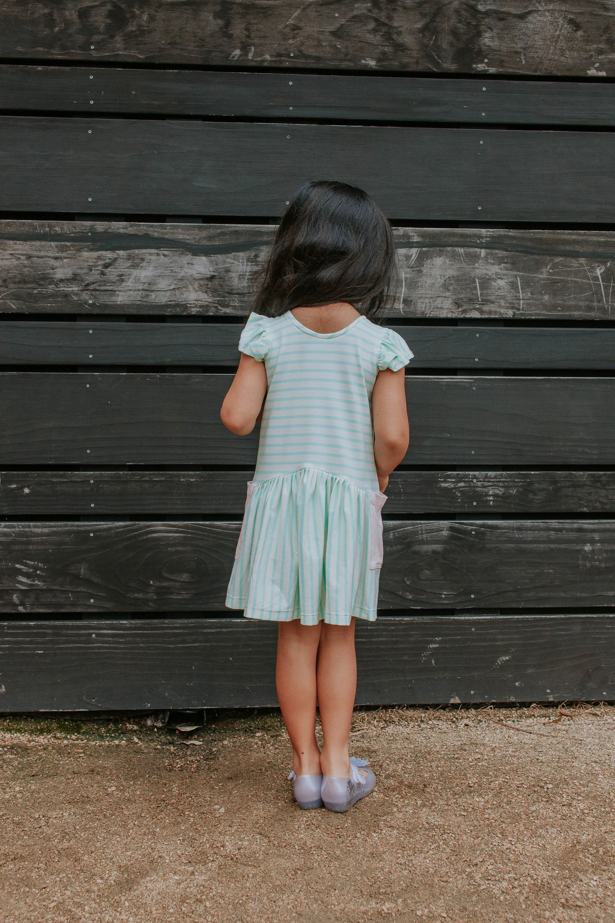 Little Girl's Pastel Mint Stripe Jersey Dress with Pink Cotton Pockets