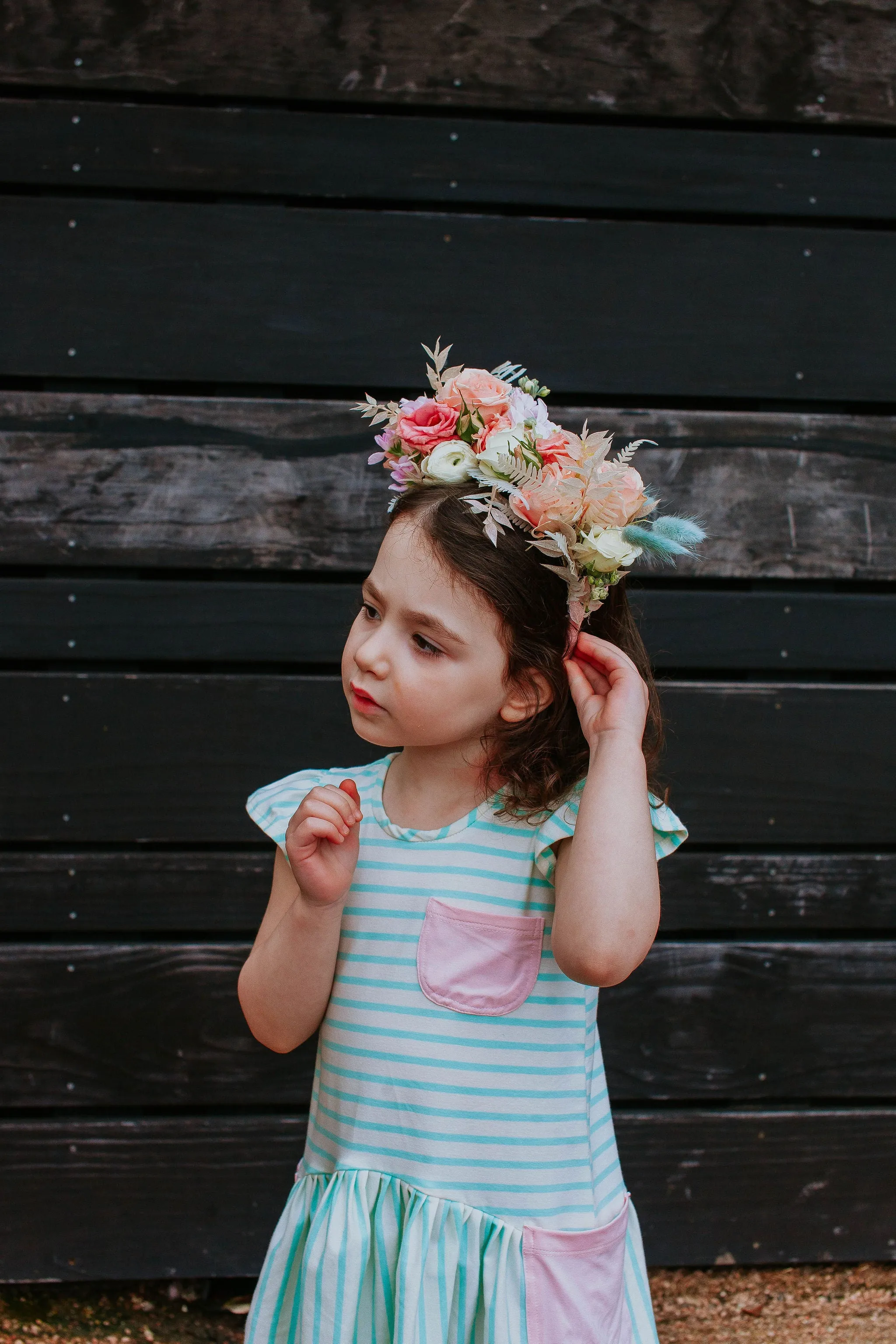 Little Girl's Pastel Mint Stripe Jersey Dress with Pink Cotton Pockets