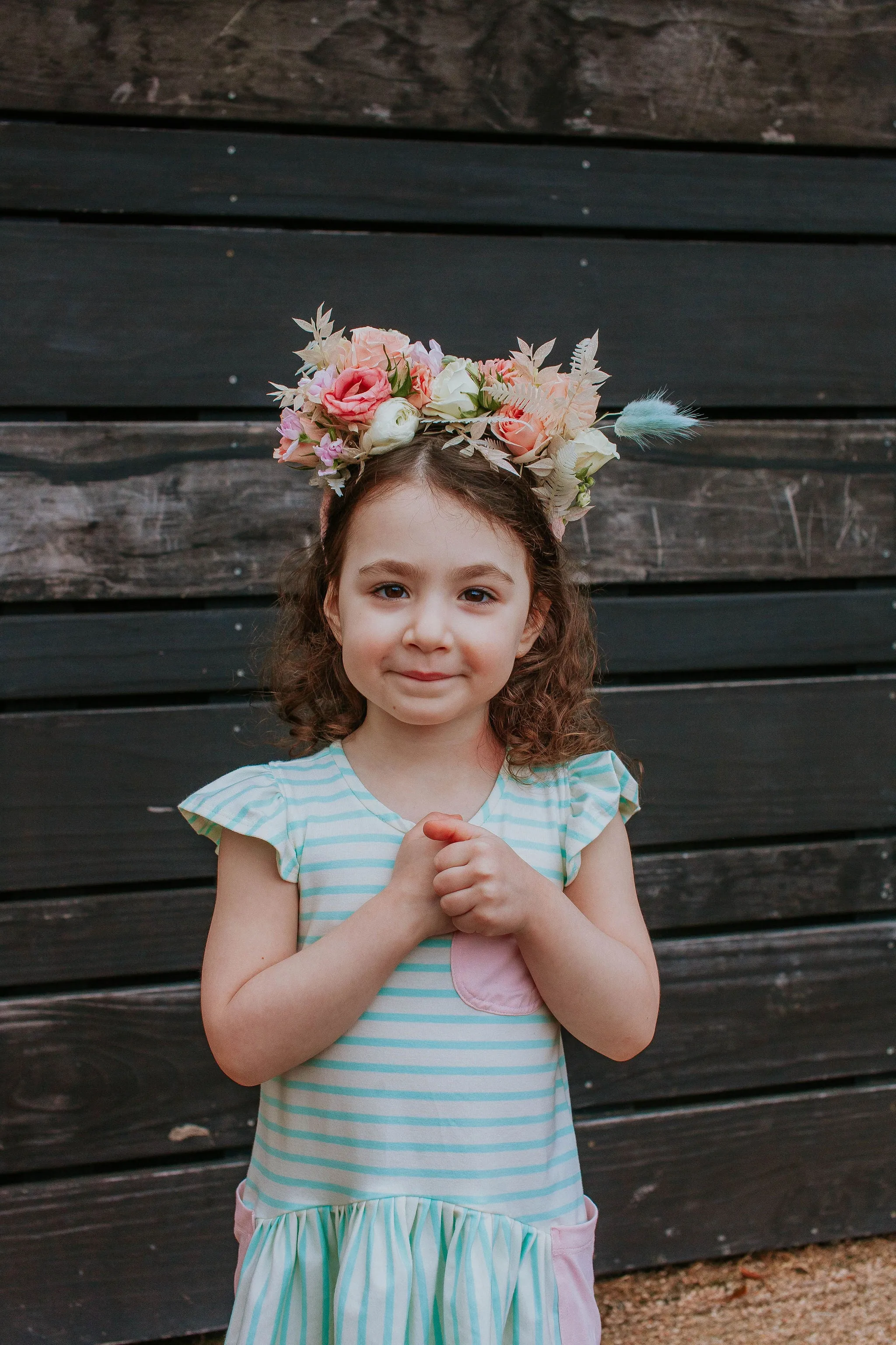 Little Girl's Pastel Mint Stripe Jersey Dress with Pink Cotton Pockets