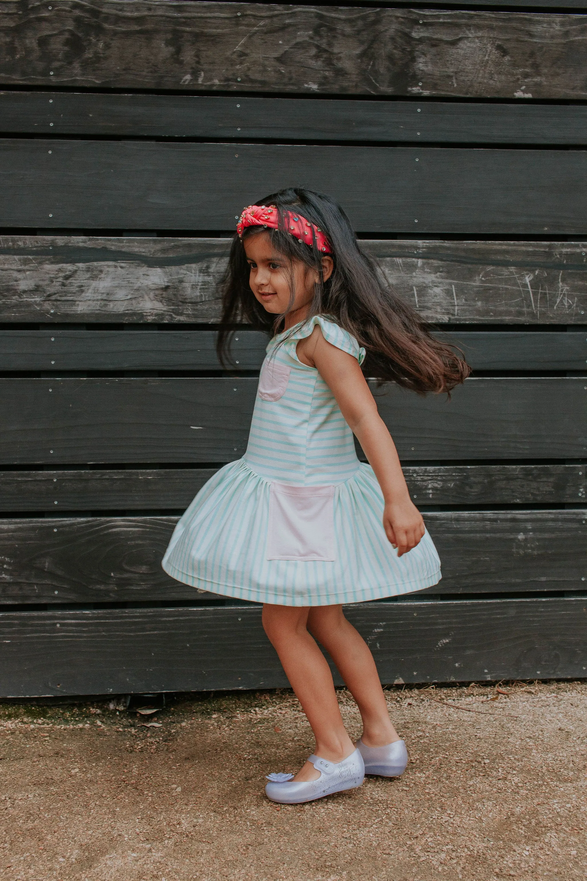 Little Girl's Pastel Mint Stripe Jersey Dress with Pink Cotton Pockets