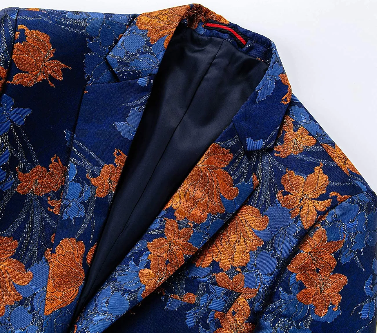 Men's Blue Orange Slim-Fitting Fashionable Flat-Collar Party Blazer Jacquard Flower Pattern