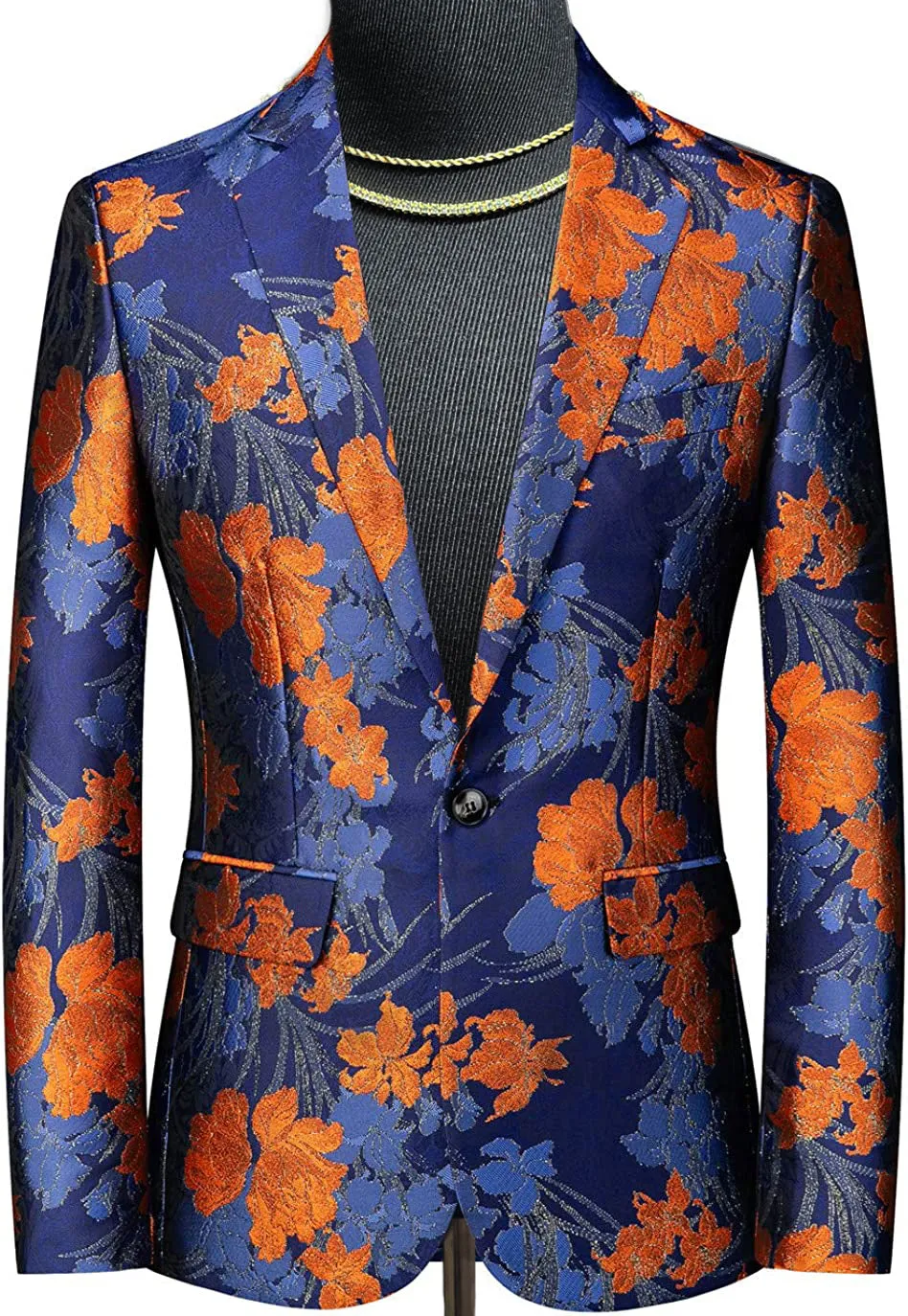 Men's Blue Orange Slim-Fitting Fashionable Flat-Collar Party Blazer Jacquard Flower Pattern