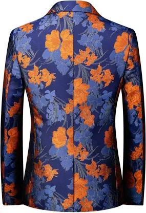 Men's Blue Orange Slim-Fitting Fashionable Flat-Collar Party Blazer Jacquard Flower Pattern