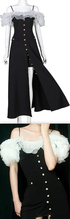 Off-Shoulder Tulle-Ruffled Button-Embellished Long Black Dress