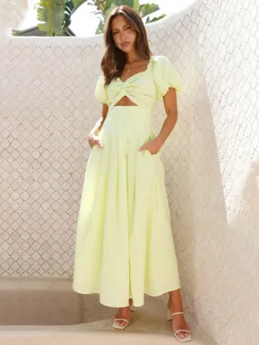 Pastel Yellow Midi Dress with Sweetheart Neckline & Puff Sleeves