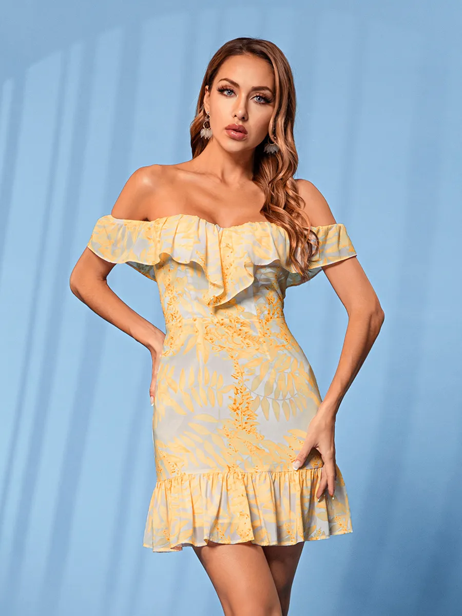 Ruffled Bust Strapless Yellow Printed Dress