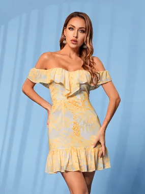 Ruffled Bust Strapless Yellow Printed Dress