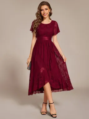 Short Sleeve Ruffled Empire Waist Lace Midi Formal Dress