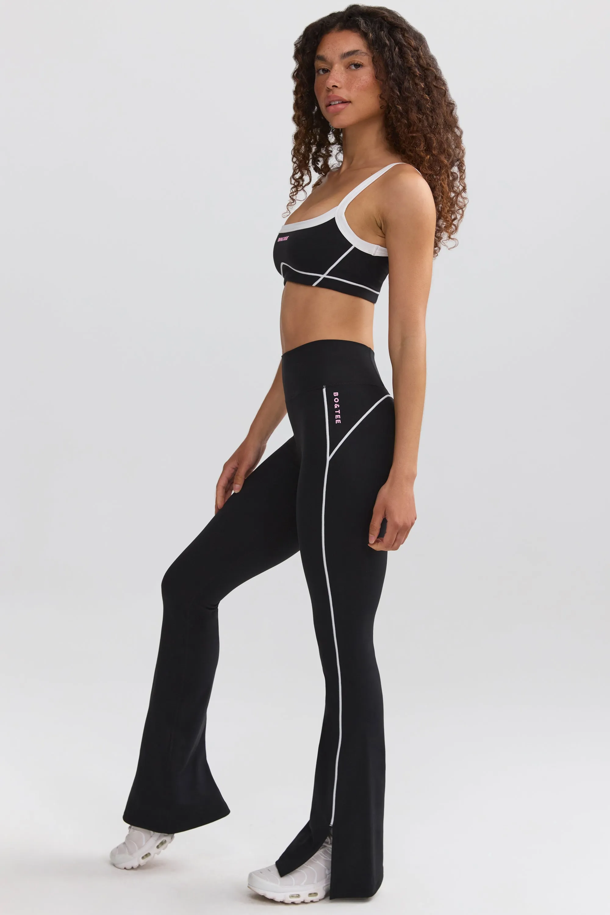 Soft Active Contrast-Trim Flared Trousers in Black