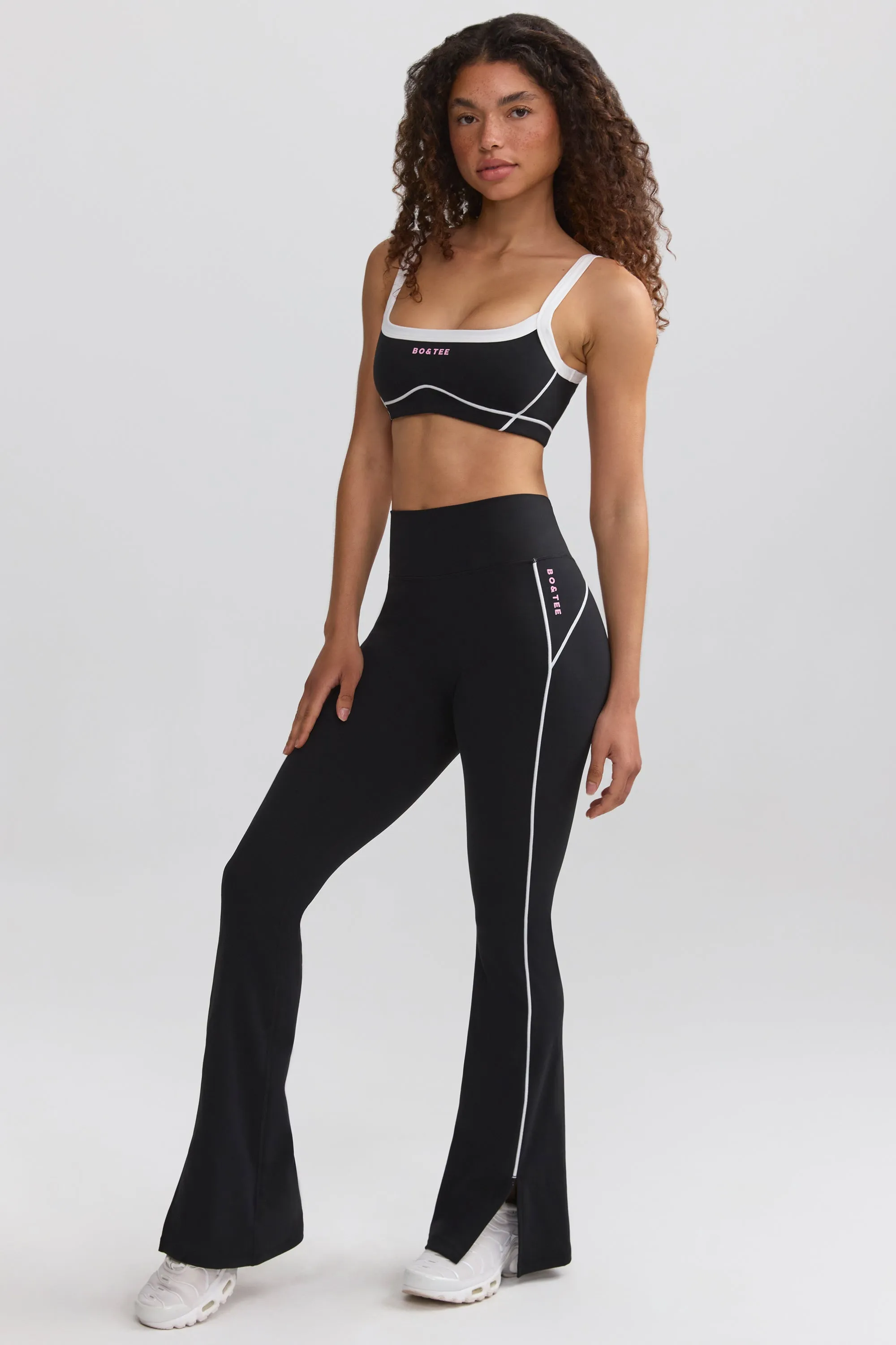 Soft Active Contrast-Trim Flared Trousers in Black