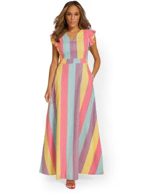 Striped V-Neck Poplin Maxi Dress