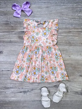 Too Groovy Rabbit Floral Flutter Sleeve Girls Dress