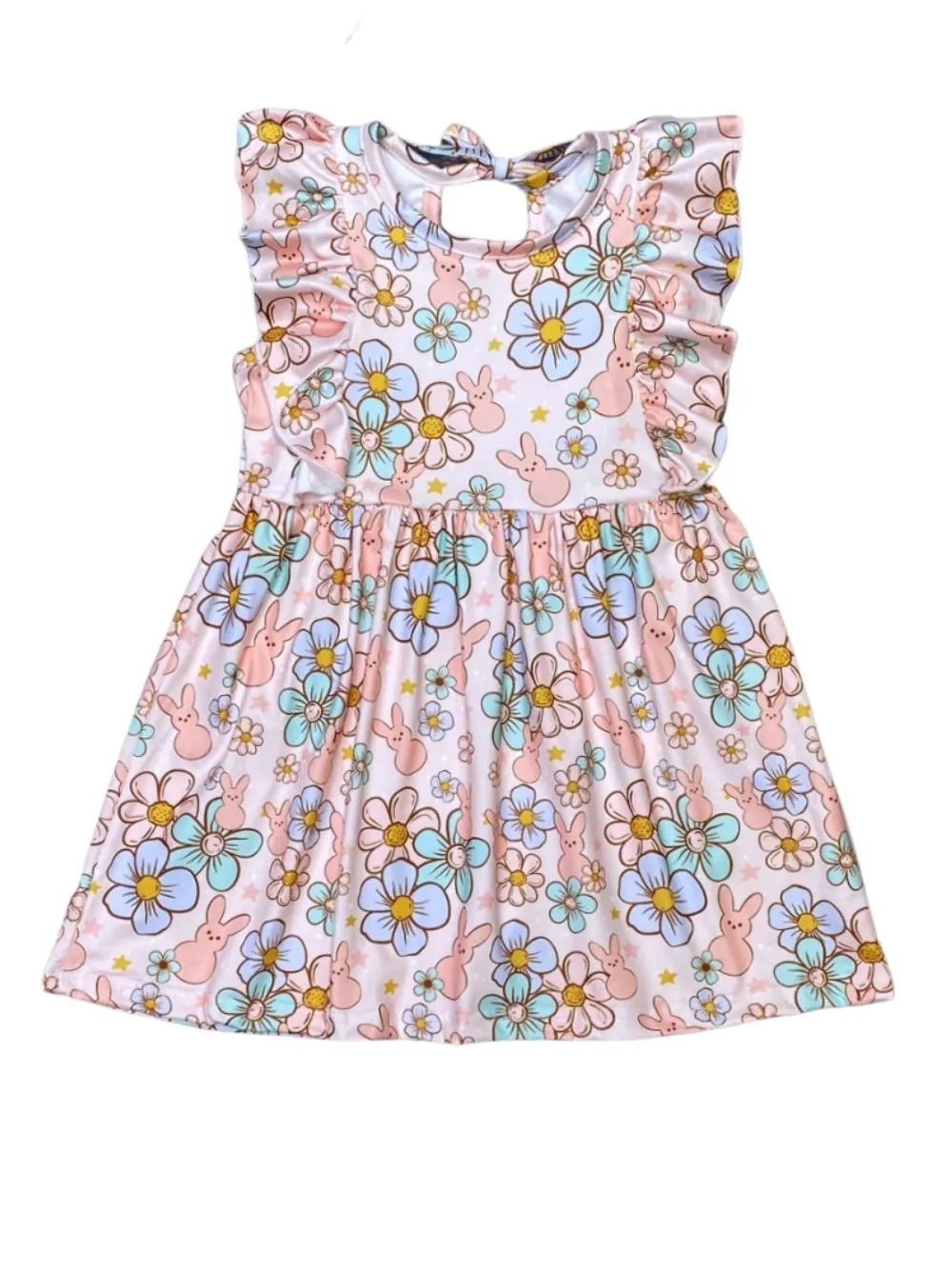 Too Groovy Rabbit Floral Flutter Sleeve Girls Dress