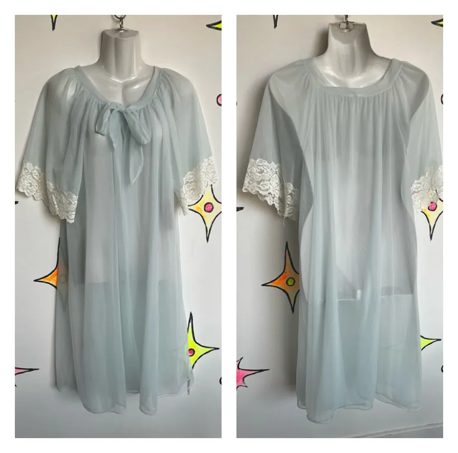 Vintage 60s | Double Layer Chiffon Sheer Pastel Blue Babydoll Pegnoir Robe