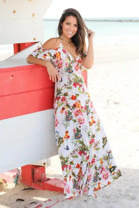 White Floral Wrap Maxi Dress with Ruffled Sleeves