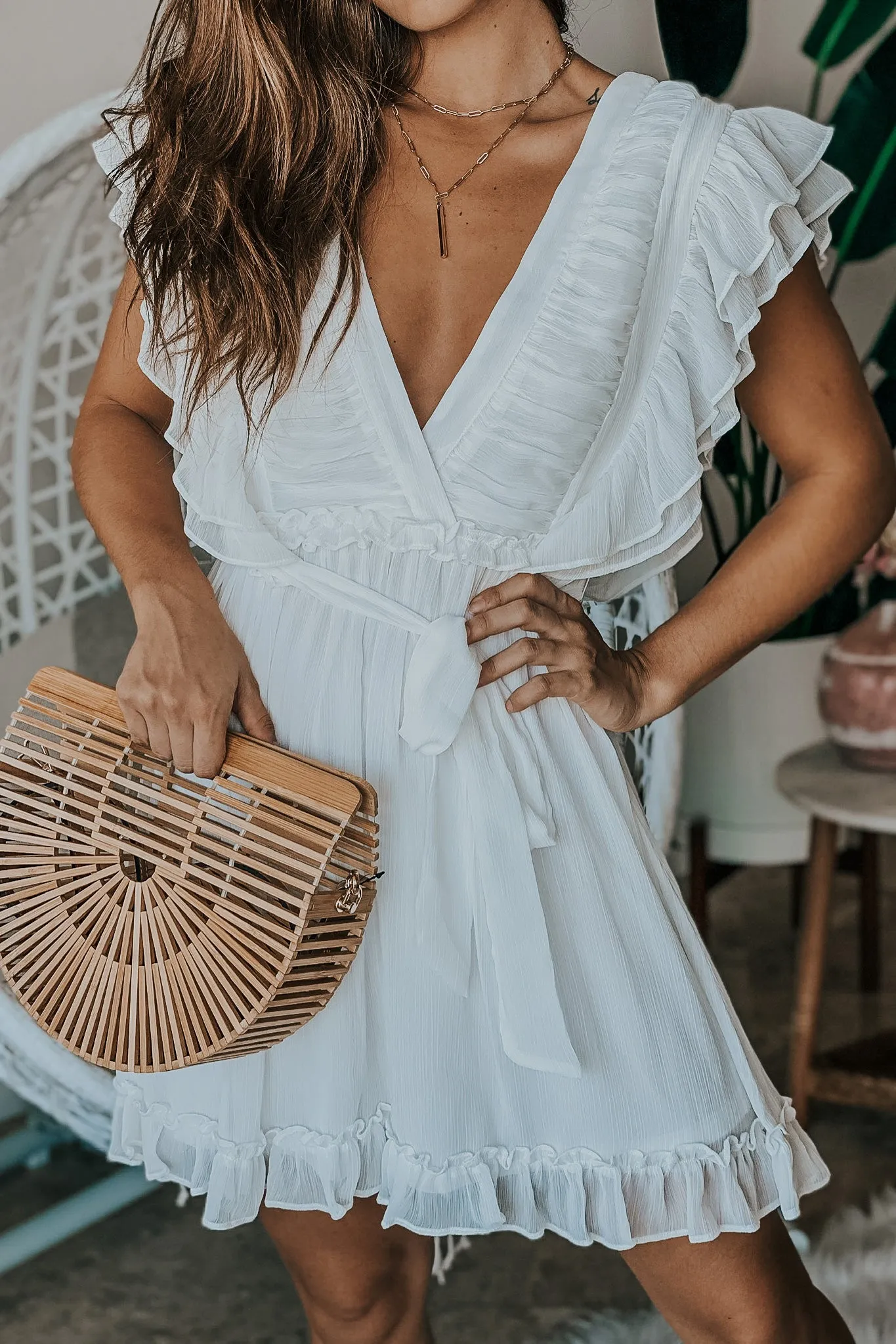 White Short Dress with Ruffles