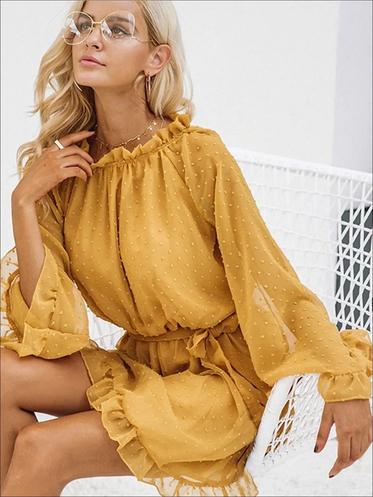 Women's Bow Tie Knot Backless Ruffled Mesh Dress