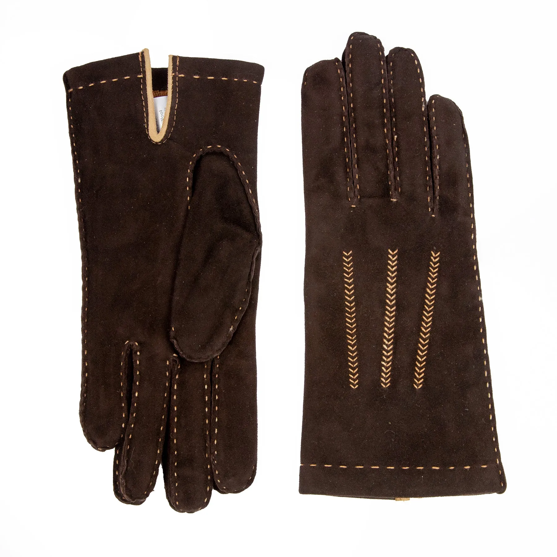 Women's classic brown suede leather gloves entirely hand-sewn with cashmere lining