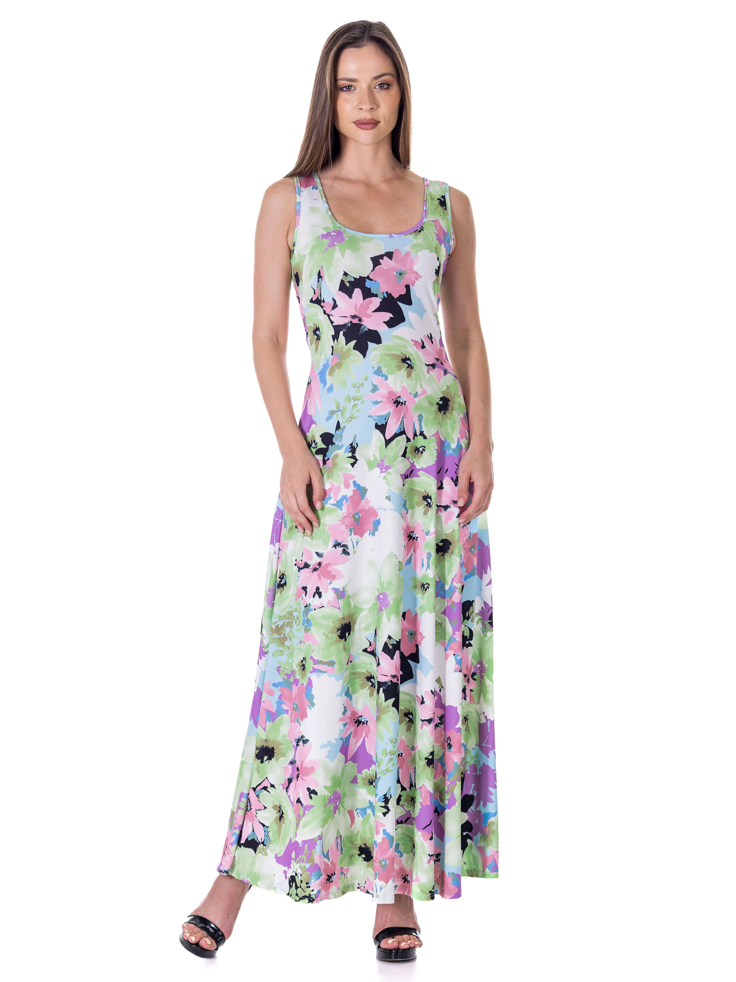 Womens Pastel Floral Scoop Neck A Line Sleeveless Maxi Dress