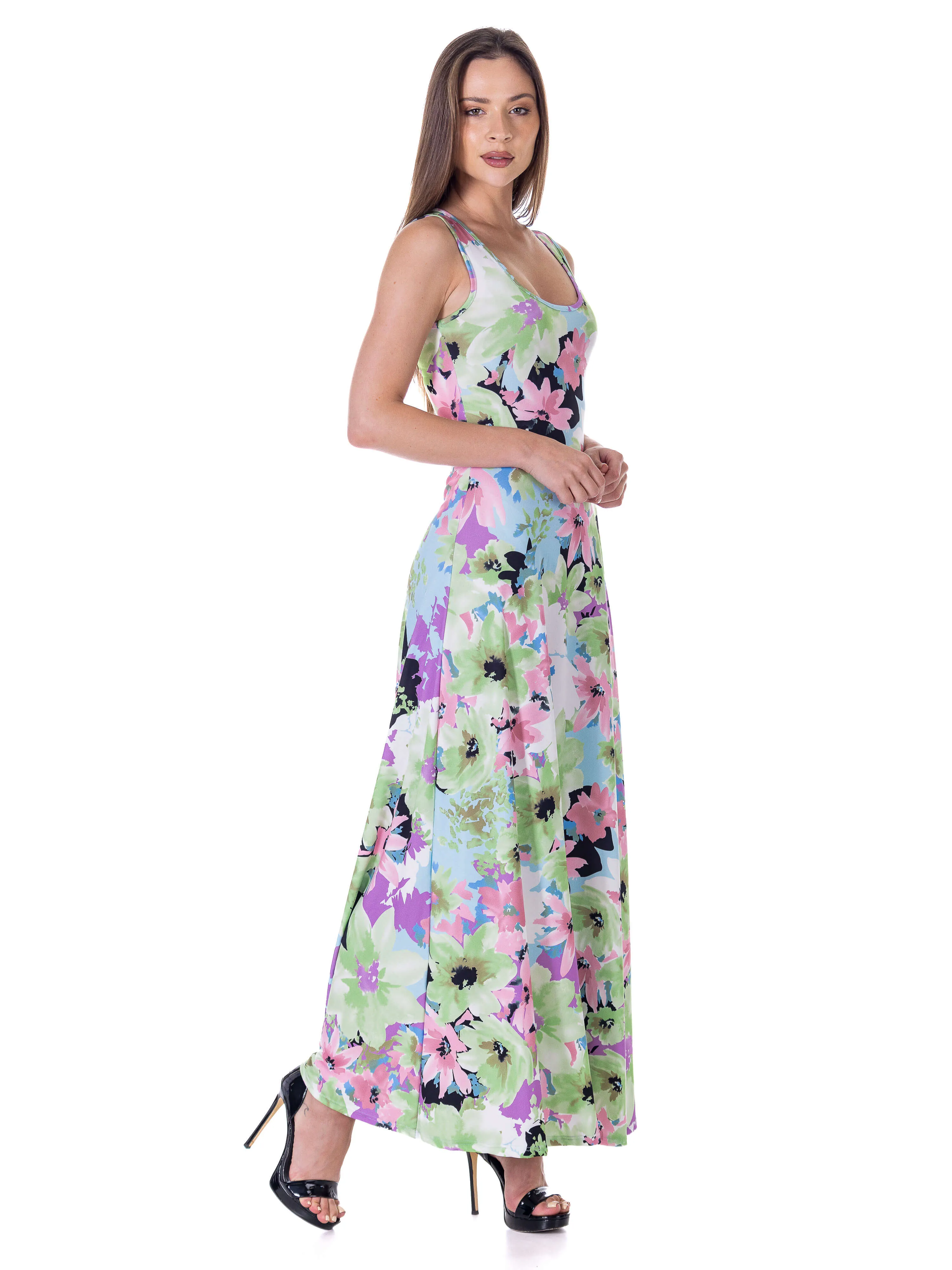 Womens Pastel Floral Scoop Neck A Line Sleeveless Maxi Dress